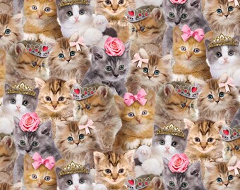 Cat Fabric - Teacup Kitty Packed Princess Kitty Natural Timeless Treasures (CD3579-NATURAL) - Sold by the Yard