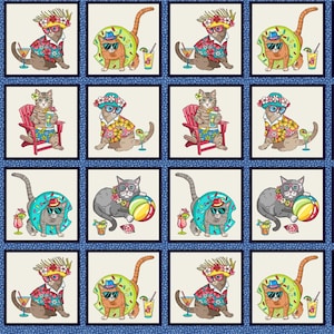 Cat Fabric - Beach Cats Block Panel Cream Michael Miller (CX11105-CREM) - Sold by the Panel
