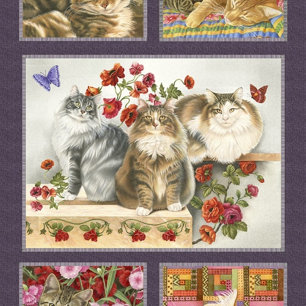 Tissu chat - Cats 'n Quilts Block Panel Benartex Digital - Vendu par panneau