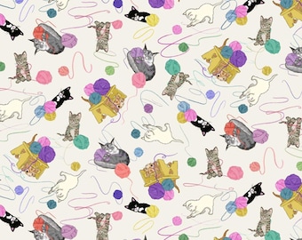 Cat Fabric - Crafternoon Crafty Kitties Cream Michael Miller Fabrics (DDC12786) - Sold by the Yard