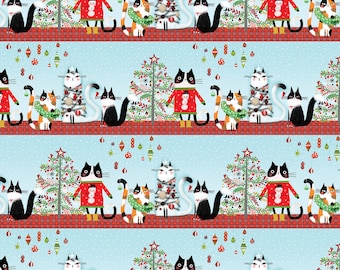 Puede incluir: Un patrón repetitivo con gatos de dibujos animados con atuendos festivos. Los gatos visten suéteres, bufandas y disfraces de árbol de Navidad, sobre un fondo de árboles decorados y nieve. La paleta de colores incluye rojo, verde y blanco.