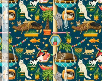 Cat Fabric - Feline Fanatic Cat Trees & Perches Navy Timeless Treasures (CD4127) - Sold by the Yard