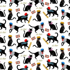May include: A white background with a repeating pattern of black cats wearing berets. The cats are in various poses, some are sitting, some are standing, and some are walking. The text "Le Chat" is repeated throughout the pattern.