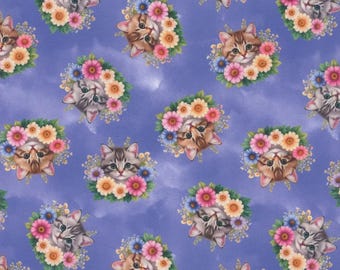 Cat Fabric - Cats Petal Paws Periwinkle Mook Fabrics (144120) - Sold by the Yard