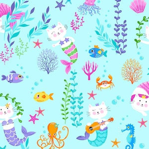 Cat Fabric - Belle & Blue Sea Purrmaids Freckle and Lollie (FLBBS-D177-B) - Sold by the Yard