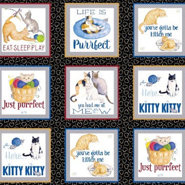 Cat Fabric - Kitty City Cat Blocks Andi Metz Benartex - Sold by the Panel