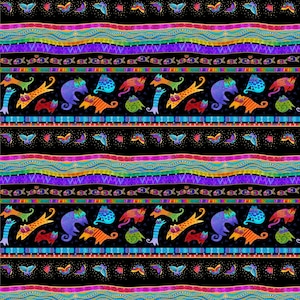 Cat Fabric - Fantasticats Pictorial Stripe Laurel Burch Clothworks (Y4340-3M) - Sold by the Yard