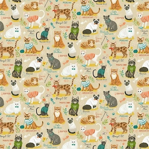Cat Fabric - Purrfect Life  Cat Breeds Chart Timeless Treasures (CD2156) - Sold by the Yard