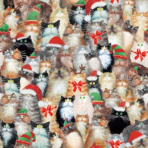 Cat Fabric - Meowy Christmas Multi Cats in Hats Windham Fabrics (54484-3) - Sold by the Yard