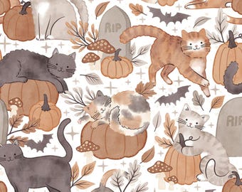 Cat Fabric - Pumpkins & Paws White Camelot Fabrics (66250201-01) - Sold by the Yard