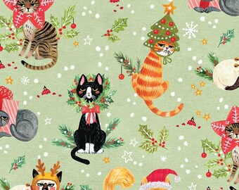 Cat Fabric - Minky Not Ameowsed Christmas Cats Green Dear Stella (WSTELLA-P1579-Multi) - Sold by the YARD