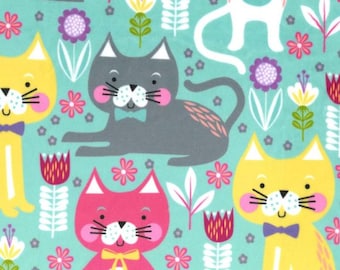 Cat Fabric - Minky Kitty Garden Aqua Michael Miller Fabrics (SMP8065-AQUA-D) - Sold by the YARD