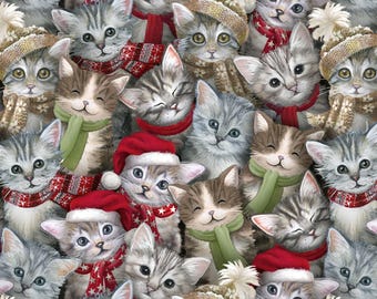Cat Fabric - A Purr-Fect Holiday Season Cat Crowd Multi Blank Quilting (4065-98) - Sold by the Yard