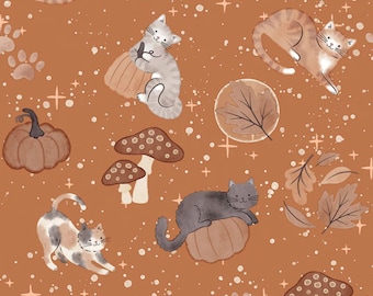 Cat Fabric - Pumpkins & Paws Forest Witch Familiars Orange Camelot Fabrics (66250205-01) - Sold by the Yard