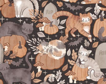 Cat Fabric - Pumpkins & Paws Black Camelot Fabrics (66250201-02) - Sold by the Yard