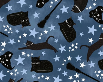 Cat Fabric - Practical Magic Black Cats Blue P&B Textiles (PMAG5362-B) - Sold by the Yard