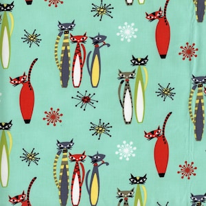 Cat Fabric - Atomic Tabby Seafoam Vintage Kitties Michael Miller Fabrics - Sold by the Yard