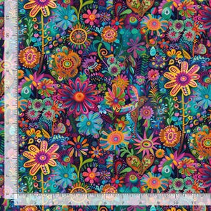 May include: A fabric print featuring a dense, colorful floral pattern on a dark background. The design includes stylized flowers in shades of pink, orange, yellow, and teal. A ruler along the left and bottom edges shows a scale of 12 inches.