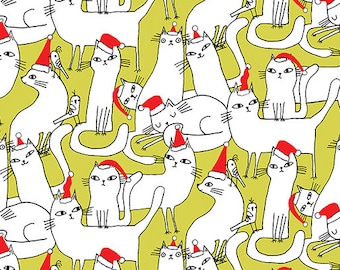 May include: A whimsical pattern featuring white cats wearing red Santa hats on a light green background. The cats are in various poses, some with birds perched on them. The design has a hand-drawn, cartoonish style, perfect for holiday-themed products.
