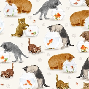 Cat Fabric - You Had Me at Meow Cats & Fishbowls Cream Timeless Treasures (Cat-CD2061-Cream)  - Sold by the Yard