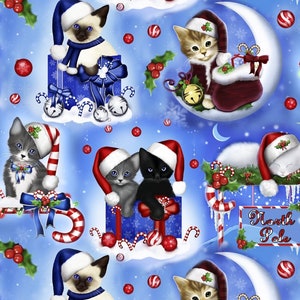 Cat Fabric - Christmas Kittens Blue David Textiles (AL-4552-1C) - Sold by the Yard