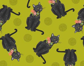 Cat Fabric - Curious Kittycats Tossed Black Cats Lime Quilting Treasures (31871-H) - Sold by the Yard