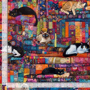 May include: A colorful fabric featuring a patchwork pattern of vibrant geometric and floral shapes with six cats in various poses. A vertical ruler on the left shows 11 inches and a horizontal ruler at the bottom shows 11 inches of length.