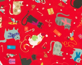 Cat Fabric - Jingle Pals Cat Toss Strawberry Robert Kaufman (22598-98) - Sold by the Yard