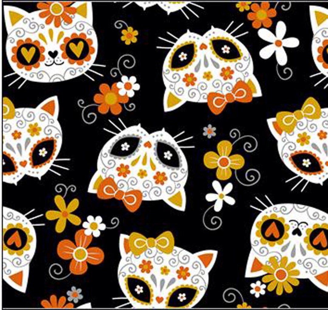 Cat Fabric Sugar Skull Cats Black Mook Fabrics Sold by the Etsy