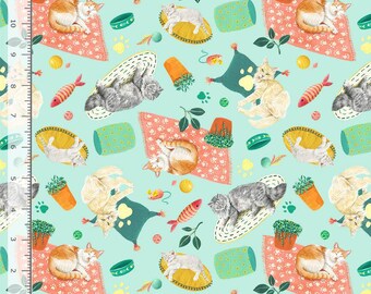 Cat Fabric - Feline Fanatic Lounging Cats Green Timeless Treasures (CD4149) - Sold by the Yard