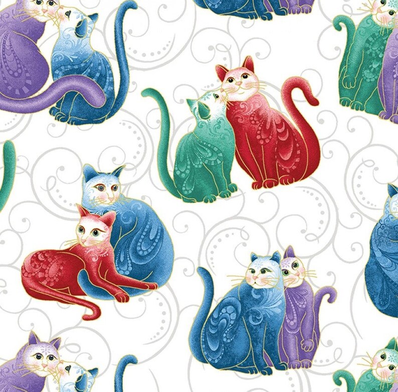 Cat Fabric CATITUDE 2 Purrfect Together Cats on Scroll Etsy