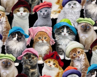 Kattenstof - Schattige huisdieren Kittens met hoeden Elizabeth&#39;s Studio Keith Kimberlin - Op maat gesneden verkocht