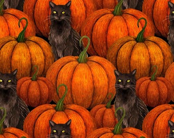 Cat Fabric - Harvest Haunt Orange Pumpkins & Black Cats Blank Quilting (4813-33) - Sold by the Yard