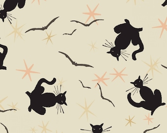 Cat Fabric - Retro Halloween Black Cat Toss Cream Clothworks (Y3248-57) - Sold by the Yard