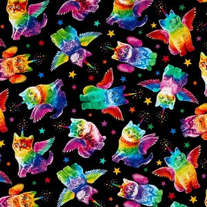 Cat Fabric - Rainbow Unicorn Cats Black Timeless Treasures (C7198) - Sold by the Yard