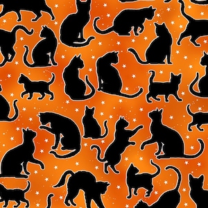 Cat Fabric - Halloween Spirit Spooktacular Cats Orange Glow in the Dark Benartex (12545G-38) - Sold by the Yard