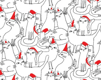 Puede incluir: Un patrón caprichoso con numerosos gatos blancos con contornos negros, cada uno con un gorro de Papá Noel rojo. Algunos gatos están acompañados de pequeños pájaros. El diseño es un patrón repetitivo, perfecto para productos temáticos navideños.