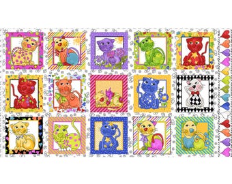 Peut inclure: Un panneau de tissu avec un motif répété de chats de dessins animés colorés dans des cadres carrés. Chaque chat a une couleur et un design différents, sur un fond blanc avec des empreintes de pattes et des cœurs. Le panneau a une bordure décorative.