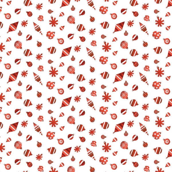 Cat Fabric - Meowy Christmas Fa La La Ornaments Red/White Benartex (16238-19) - Sold by the Yard