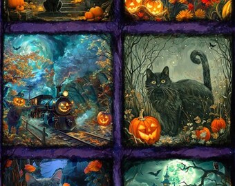 Cat Fabric - Moon Spell Halloween Cat Block Panel Robert Kaufman (APYD-23690-438) - Sold by the Panel
