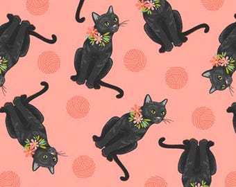 Cat Fabric - Curious Kittycats Tossed Black Cats Salmon Quilting Treasures (31871-C) - Sold by the Yard