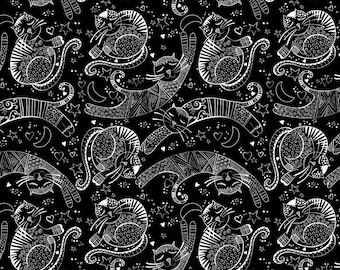 Cat Fabric - Mysti-cats Black Camelot Fabrics (68230201-02) - Sold by the Yard