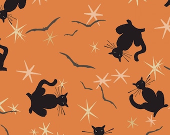 Cat Fabric - Retro Halloween Black Cat Toss Orange Clothworks (Y3248-36) - Sold by the Yard