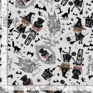 May include: A white fabric with a black and white Halloween themed print. The print features cats dressed as witches, skeletons, haunted houses, bats, and stars. The text "Haunting Night" is repeated throughout the print.