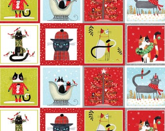 May include: A repeating pattern of square illustrations featuring cats in holiday settings. Designs include cats in red sweaters, cats in a sleigh, decorated Christmas trees, cats in plaid hats, and cats wearing wreaths against red, green, and blue backgrounds.