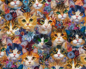 Cat Fabric - Calico Cat Packed Cats & Floral Timeless Treasures (CAT-CD4114-Natural) - Sold by the Yard