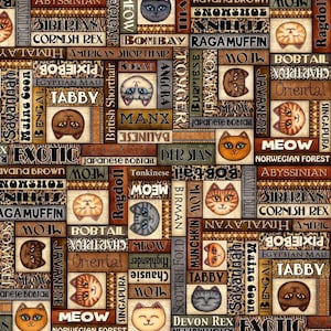 May include: A patterned design featuring various cat breeds, each labeled with its name. The design includes illustrations of cat faces and the word "MEOW" in multiple places. The background is a collage of rectangular blocks in shades of brown, beige, and gray.