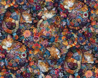 Cat Fabric - Calico Cat Floral Cat Nap Timeless Treasures (CAT-CD4113-Multi) - Sold by the Yard
