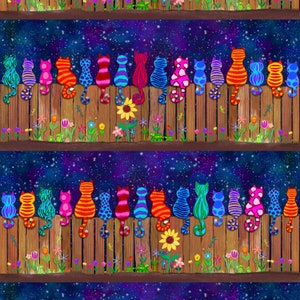 Tkanina dla kotów – Kolorowe koty na płocie z gwiazdami, bordiura w paski, ponadczasowe skarby (CD1486) – sprzedawana na wymiar