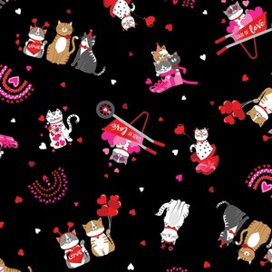 Cat Fabric - Love You Fur-Ever Kitty Love Black Benartex - Sold by the Yard